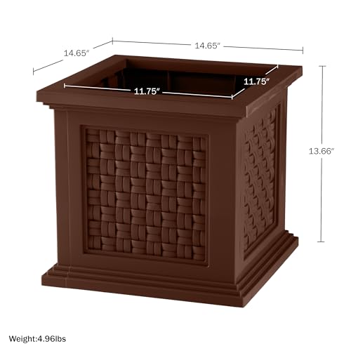 Rattan Style Outdoor Planter Box - 14.65-Inch-Square Decorative Flower or Plant Pot - Garden, Patio and Front Porch Decor by Pure Garden (Brown) - color: Brown