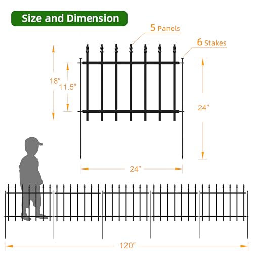 Decorative Metal Garden Fence 18" x 10', Small Fence Border with Stakes - size: 18″H x 10ft（5 Panels）