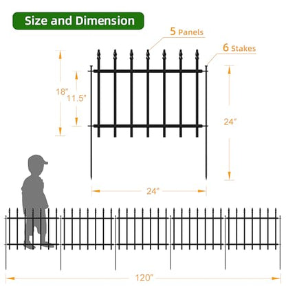 Decorative Metal Garden Fence 18" x 10', Small Fence Border with Stakes - size: 18″H x 10ft（5 Panels）