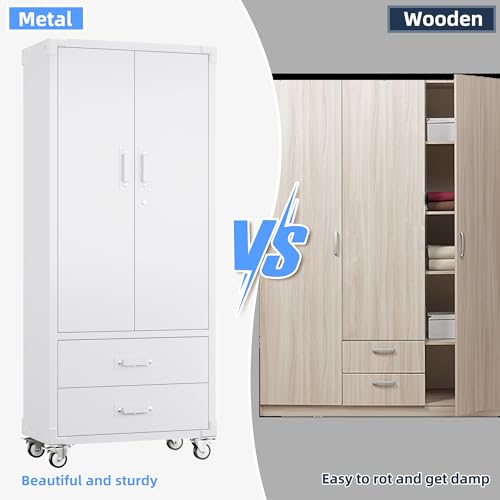 Aobabo Upgraded Metal Garage Storage Cabinet with Wheels and 2 Drawers, Lockable Rolling Tools Cabinet with Pegboards and Hooks,Assembly Required,White - color: White, size: 15"D x 30"W x 71"H-2 Drawers