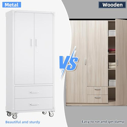 Aobabo Upgraded Metal Garage Storage Cabinet with Wheels and 2 Drawers, Lockable Rolling Tools Cabinet with Pegboards and Hooks,Assembly Required,White - color: White, size: 15"D x 30"W x 71"H-2 Drawers