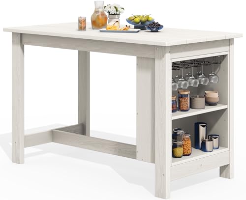 SERWALL Outdoor HDPE Counter-Height Bar Table with Storage Rack, White - color: White, size: 1 Bar Table