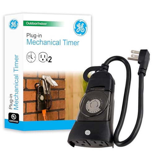 GE 24-Hour Indoor / Outdoor Programmable Mechanical Timer, Dual Outlet Plug-In, 2 Grounded Outlets, Heavy Duty Weather Resistant, 30 Minute Intervals, 15138