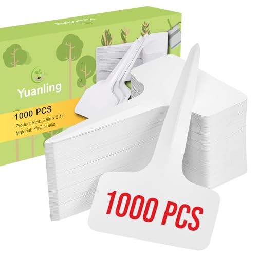 Plant Labels 1000 Pcs Yuanling T-Type Plastic Garden Tags Waterproof Plant Sign Stakes Nursery Garden Makers for Seedlings Flower Vegetables Herb Potted Belt Permanet Marker Pen (White) - color: White 1