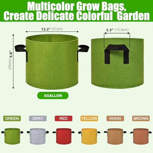 6-Pack Fabric Grow Bags 5 Gallon – Colorful 300G Thickened Nonwoven Planter Pots with Sturdy Handles, Breathable Garden Bags for Vegetables, Potato, Flowers - size: 5 Gallon