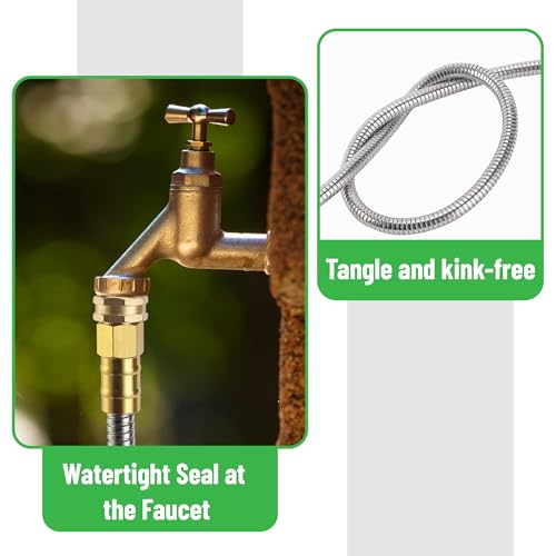 UNCO- Stainless Steel Metal Hose with 4 Function Brass Nozzle, 25 ft, No Kink, Metal Garden Hose