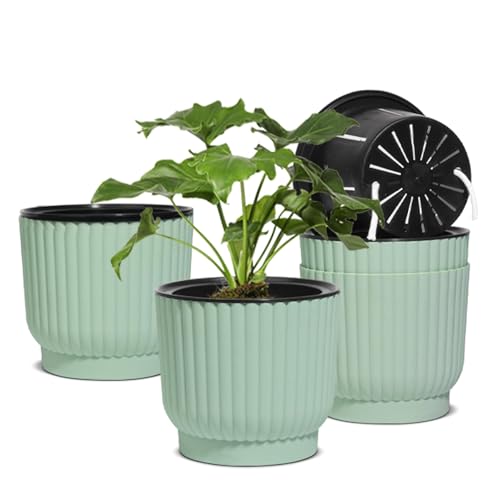 T4U Self Watering Pots for Indoor Plants, 7 Inch 4 Pack Planter Green - color: Seafoam Green, size: 7 Inch