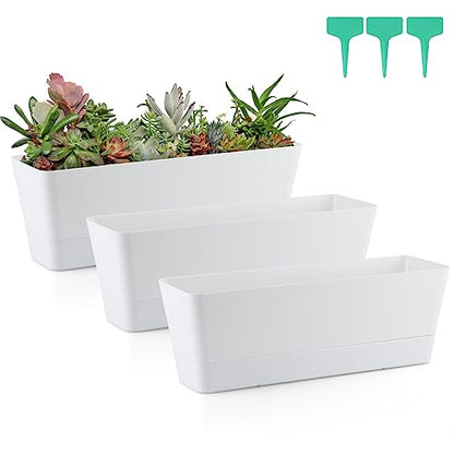 Skelang 3 Pcs Rectangular Plant Pot, 12" Flower Planter Box, Windowsill Container for Succulent, Herb, Vegetable (White) - color: White, size: 12 inches