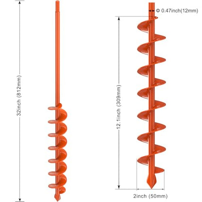 Insaga Auger Drill Bit for Planting 2x32 Inch, Heavy Duty Garden Earth Auger with Safety Edges & Orange Anti-Rust Coating, Compatible with Cordless Drills for Clay/Rocky Soil/Sandy Lawn (Hex Shank) - size: 2x32''
