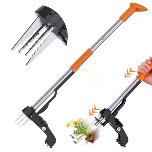 Stand Up Weed Puller Tool - 4-Claw Steel Head Hand Weeding Tool - 40" Retractable Handle with Easy-Eject Mechanism for Dandelions, Clover, No Bending or Kneeling