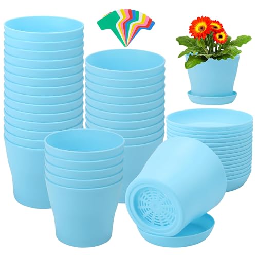 Aodaer 24 Pack 4 Inch Plastic Planters with Multiple Drainage Holes and Tray Indoor Outdoor Flower Plant Nursery Pots with Labels Flower Seedling Pots for Herb Garden Home Succulents, Blue - color: Blue