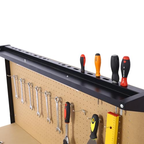 Heavy-Duty Workbench with Pegboard, Two Drawers, and LED Light, Multipurpose Garage Workstation