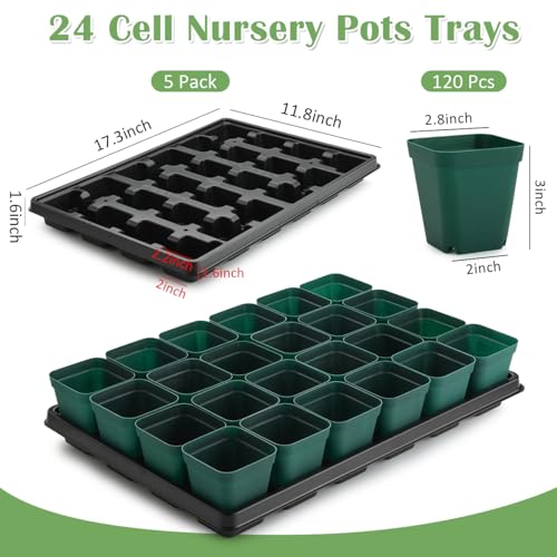 RooTrimmer 2.8 inch (7CM) Square Nursery Pots 120pcs (Green) and 24 Cell Nursery Pots Trays 5 Pack, Plastic Seedling Starter Tray with Drain Holes for Carrying and Holding Plant Pot(17"x11"x1.6") - color: Green, size: Pots 120 Pcs with 5 Pack Trays