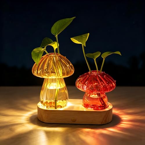 Propagation Vase with Light，Plant Propagation with Stepless Dimming Function for Home Office Night Decor,Led Hydroponic Plant Jars Valentines Day Gifts for Mom Women Plant Lovers - color: Mushroom Red Brown