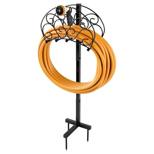 42" Detachable Freestanding Metal Garden Hose Holder | Heavy-Duty Stand with Shelf, Wall-Mountable Option, and 3-Point Ground Anchor for Outdoor Yard Storage
