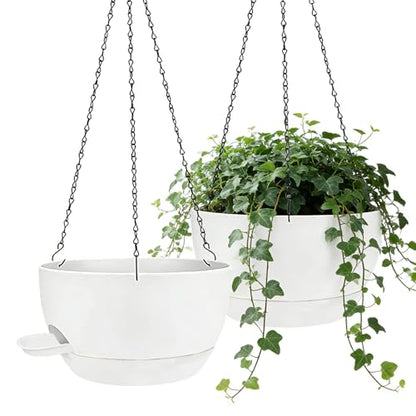 2 Pack 12 Inch Self‑Watering Hanging Planters Plant Pots, White - color: White