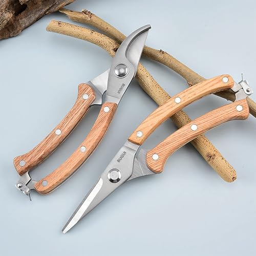 BUGUI 8” Wood Handle Garden Scissors, Set of 2, Includes Bypass Pruning Shears and Long Straight Tip Clippers, Premium Gardening Tools with Precision-Ground SK-5 Steel Blade - style: 8"WoodHandleShearsSet(E023)