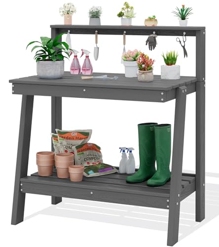 SERWALL 3-Tier Outdoor Potting Bench with Storage,Gardening Table,Grey - color: Gray, size: Sleek