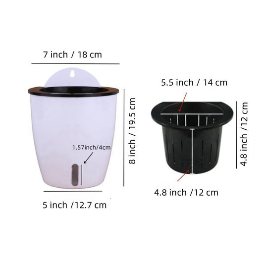 2 Pack 7 Inch Visible Water Level Self Watering Planter,Hanging Planters,Wall Mounted Plants Holder,Small Flower pots Indoor Out Flowerpot with 3 Hooks Plastic Pots for Plants (White 7")