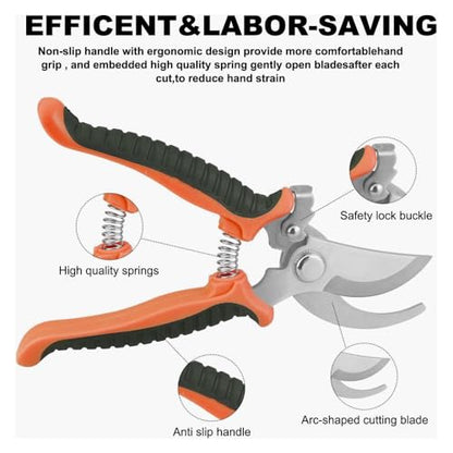 Garden Pruning Shears Heavy Duty Stainless Steel Bypass Pruner for Gardening, Cutting Flowers, Trimming Plants & Picking Fruits - color: Orange