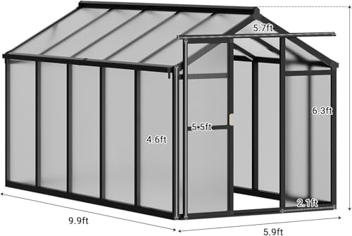 6x8 FT Polycarbonate Walk-in Greenhouse with Roof Vent & Sliding Door - color: Black, size: 6x8 FT
