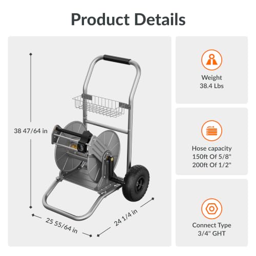 Giraffe Tools Garden Hose Reel Cart with Wheels, 200FT of 1/2 Capacity