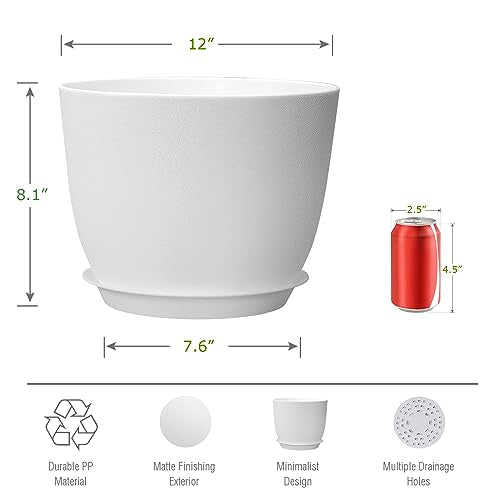 UOUZ 12inch Large Plant Pot, Modern Plastic Planter with High Driange Holes and Saucer for Indoor Outdoor Garden Plants and Flowers, White - color: White