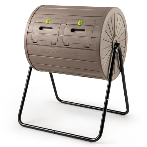 Goplus Compost Tumbler, 37.5 Gallon Large Outdoor Compost Bin w/Dual Chambers, 2 Lockable Doors, Efficient 360° Rotating Batch Composter for Garden Yard Farm Waste, Easy Assembly, BPA-Free (Coffee) - color: Coffee, size: 37.5 Gallon