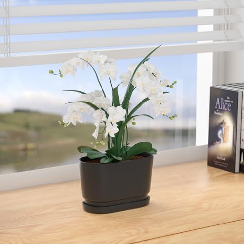 8.9" Rectangular Ceramic Planter with Drainage and Saucer, Black - color: Matte Black, size: Medium