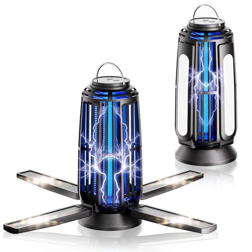 2 Pack Solar Bug Zapper Outdoor – 5000mAh Battery, 4200V Mosquito Zapper, USB-C Rechargeable & 4-Sided Solar Panels, Waterproof Portable Fly Zapper with LED Light for Patio, Garden, Camping, Backyard - color: 2 Pack, Black