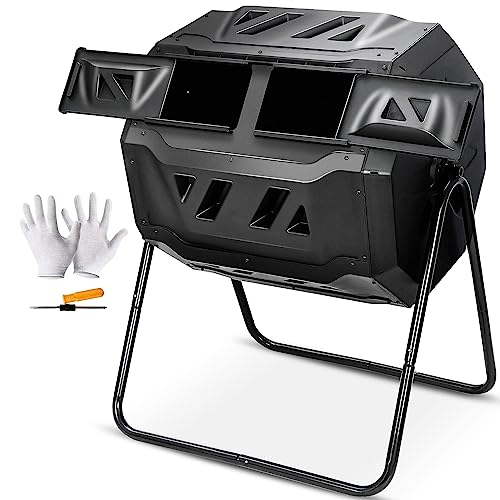Nova Microdermabrasion 43 Gallon Compost Tumbler Bin Composter Dual Chamber BPA Free Compost Bin Outdoor Rotating Garden Yard Waste Bins - color: Black