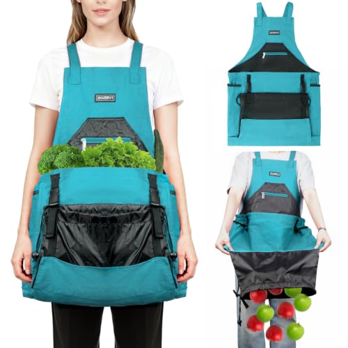 Garden Apron,Harvest Aprons with Drawstring Bag and Pockets for Women and Men,Canvas Fruit Picking Apron - color: Blue