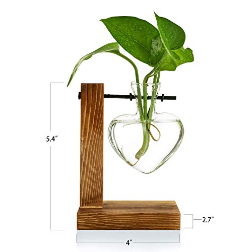 Kingbuy Hydroponic Glass Vase Vintage Desktop Plant Terrarium Planter Bulb Vase Water Planting Propagation Vase Planters Hydroponics Plants with Retro Wooden Stand Home Garden. (D(1 Heart Vase)) - size: Heart （1 Bulb Vase）