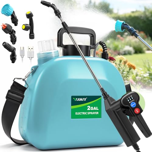 VAXMAY Battery Powered Sprayer 2 Gallon, Upgrade Electric Garden Sprayer with 3 Adjustable Speed, Battery Indicator, 4 Mist Nozzles, Rechargeable Handle, Retractable Wand, Shoulder Strap for Weed Lawn - color: Blue