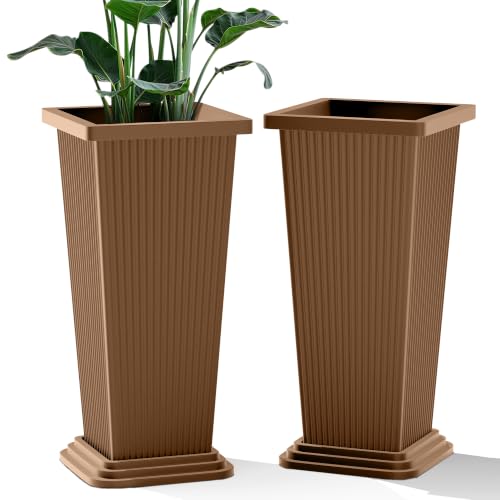 24" Set of 2 Tall Planters for Outdoor Plants, Brown Striped - color: Stripe Brown