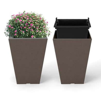 GIANTEX Square Taper Planter Set of 2, Self-Watering Flower Pots, Brown - color: Brown, size: 10''x10''x14''