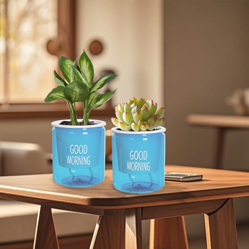 2PCS Self Watering Planters 4.72 Inch Self Watering Pots for Indoor Plants, African Violet Pots with Wick Rope, Flowers, Succulents, Herb, House Plants - color: Blue
