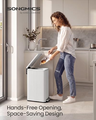 SONGMICS Trash Can, 13 Gallon (50 L) Slim, Stainless Steel, with Lid, Pedal - color: Cloud White, size: 13 Gallon (Slim)