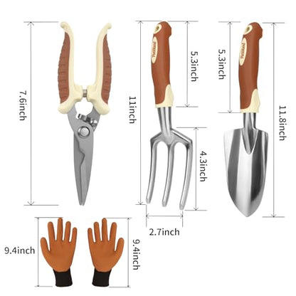 Brown Garden Tool Set 4-Piece, Trowel, Fork, Pruning Shear&Gloves - color: brown-4pcs