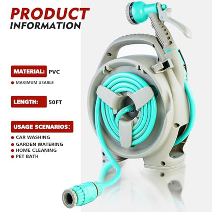 50FT Retractable Garden Hose Reel, Lightweight & Portable Hose Reel with 6 Patterns Spray Nozzle, Suitable for US Standard Hose Connection - color: Blue