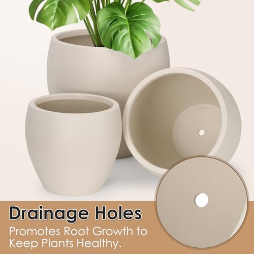YNNICO 17.5/14.8/12.2 inch Large Flower Pots Plastic Planter with Drainage - color: Light Beige