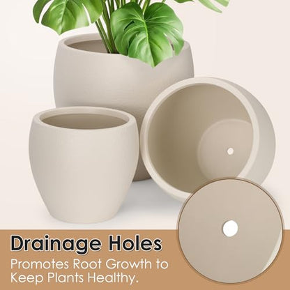 YNNICO 17.5/14.8/12.2 inch Large Flower Pots Plastic Planter with Drainage - color: Light Beige