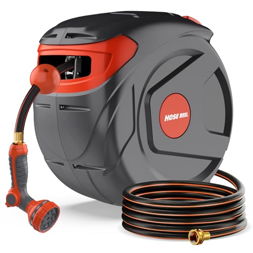 100FT 1/2 Inch Retractable Garden Hose Reel Wall-Mounted 180° Swivel 9-Patern Nozzle Automatic Slow Return Any Length Lock Hose Reels for Homeowners Garden Farm - size: 100ft 1/2 Inch