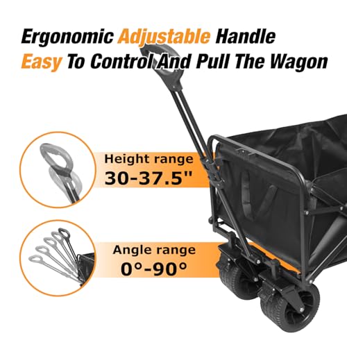 Heavy Duty Collapsible Folding Wagon Cart, All-Terrain Wheels with Dual Brakes, 220LBS Capacity Utility Wagon for Beach, Garden, Grocery, Sports & Outdoor – Black