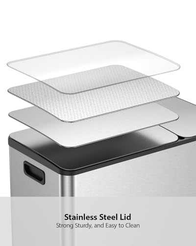 Lovewind Double Trash Can Kitchen, 13+5.5 Gallon Stainless Steel Dual Trash and Recycle Bin Combo with Silent Close Lid, Heavy-Duty Foot Pedal, Easy to Clean Garbage Can for Large Families, Silver - color: Silver, size: 13+5.5 Gallon