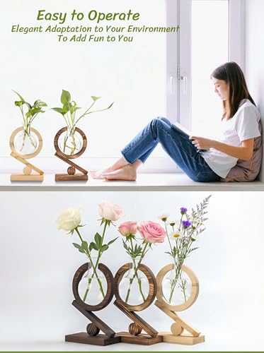 Glass Plant Propagation Station with Wooden Stand, Natural Wood - color: Natural Wood