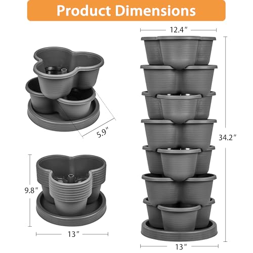 VECELO 7 Tier Vertical Garden Planter, Self Watering Stackable Planters with Wheels for Strawberries, Herbs, Flowers, Vegetables, Dark Gray - color: Dark Gray, size: 7 Tier