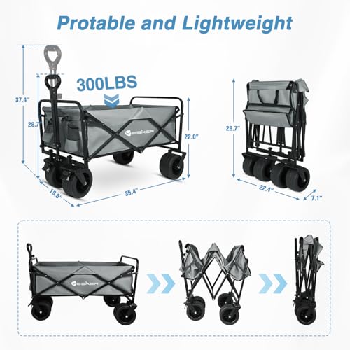 Yesker Foldable Wagon - 300lbs Collapsible Garden Carts with All Terrain Wheels for Outdoor Camping Sports Shopping Gardening - Heavy Duty Portable Utility Trolley (Gray) - color: Gray, size: 35*22*18"