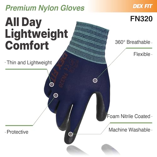DEX FIT Premium Nylon Work Gloves FN320 - Firm Nitrile Grip, 3D-Comfort Stretchy Fit, Thin & Lightweight, Protective & Durable, Breathable, Machine Washable; Navy 8 (M) 1 Pair - color: Navy, size: Medium