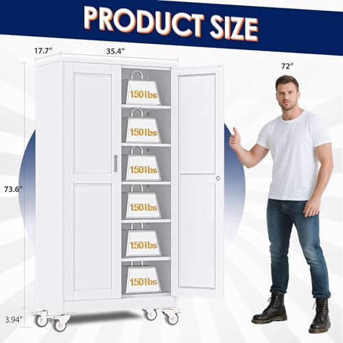 erosoei 74" H Metal Garage Storage Cabinet, Rolling Tool Cabinet with 2 Doors and Wheels, Locker Steel Cabinet with 5 Adjustable Shelves, Organization Cabinet for Garage,Office,Home,Gym,School（White） - color: White, size: Upgraded Size